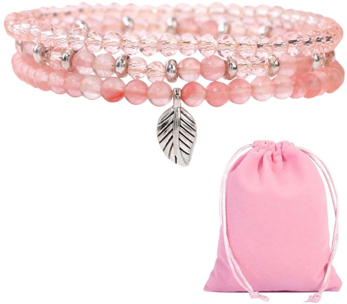 Dailygoods- Parelarmbanden 3-delig - Kunstkristallen Armbanden - Roze Armbanden - Stretcharmbanden - Opbergtas - 19 cm Maat - Kralenarmband