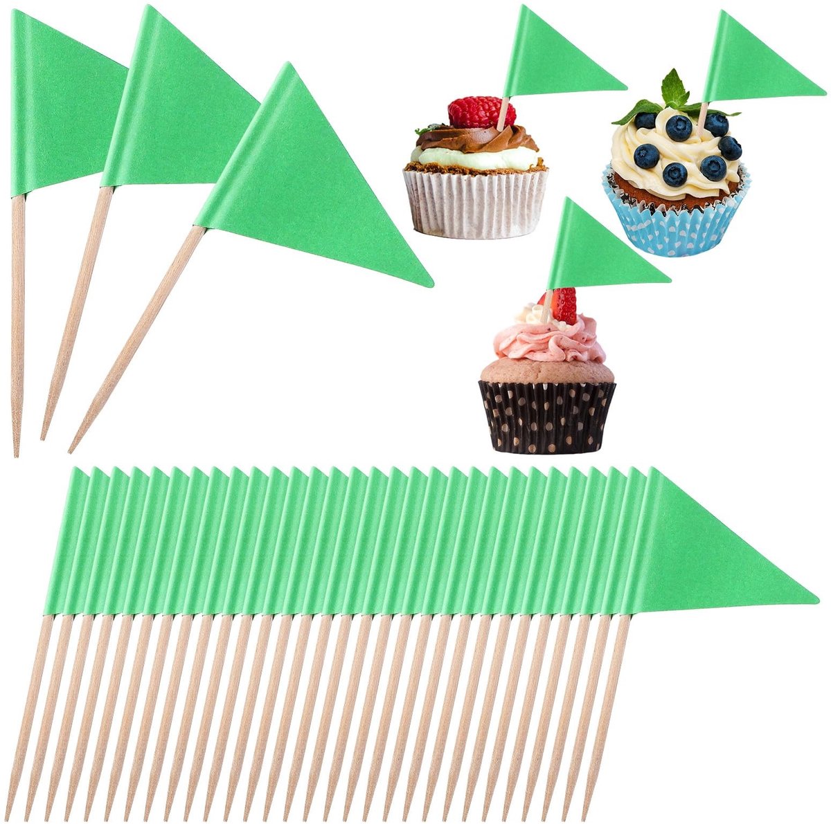 Dailygoods- Tandenstokervlaggen 100 stuks - Driehoekige Vlaggen - Groene Mini Vlaggen - Cupcake Toppers - Doe-het-zelf Decoratie - Natuurlijk Hout en Papier - Feestdecoratie