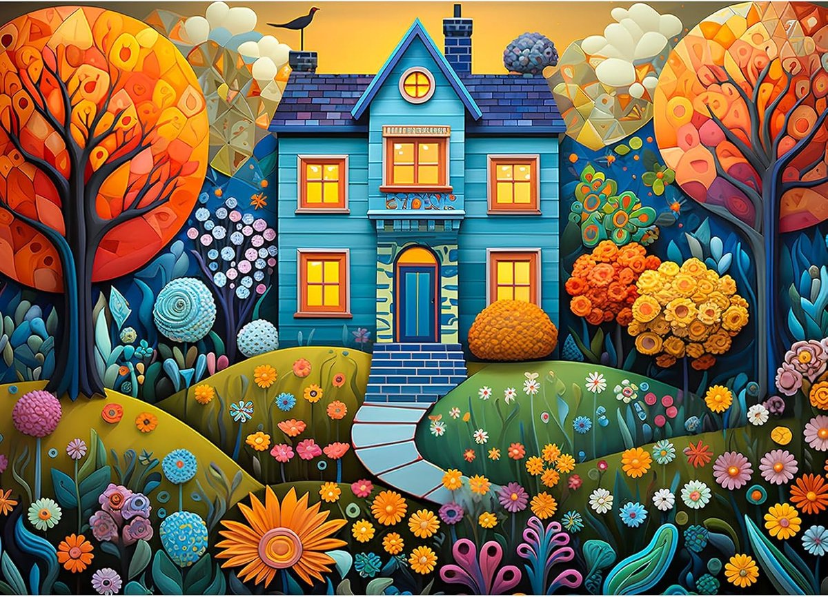Volwassen Puzzels - Legpuzzels - Ontspanning en Geheugen - Inclusief HD Poster - 1000 Stukjes - Kleurrijk Huis