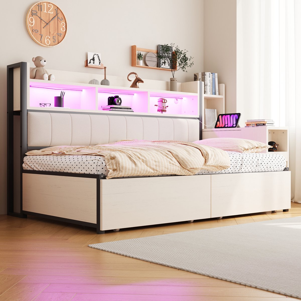 MEUNIQ Bedbank 90 x 200 cm met opbergruimte, 2 lades, uitschuifbaar bureau, stopcontacten en LED-verlichting, eenpersoonsbed voor slaapkamer, wit
