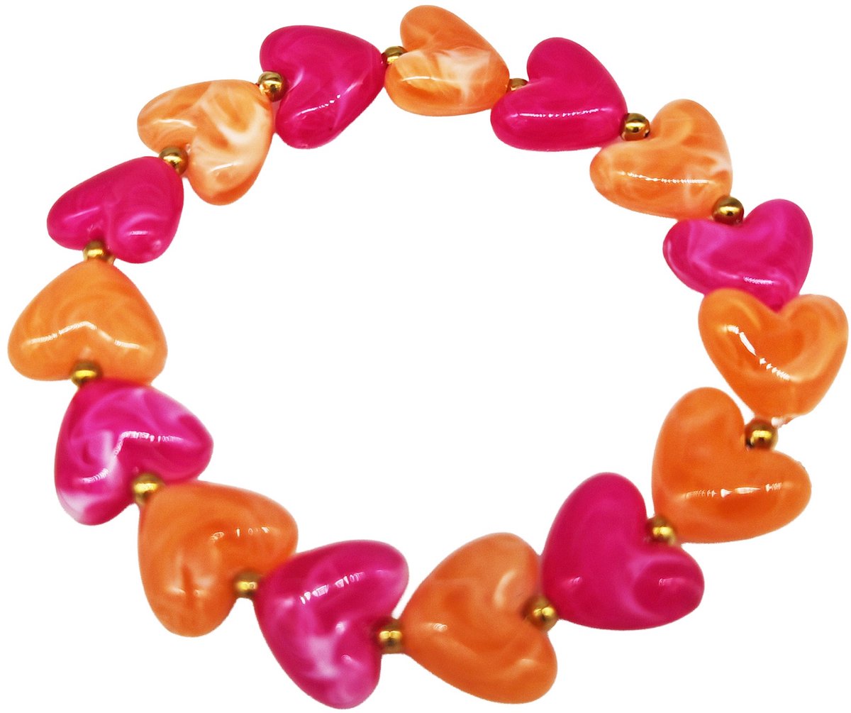Elastische armband - RVS kralen - hartjes - oranje-roze