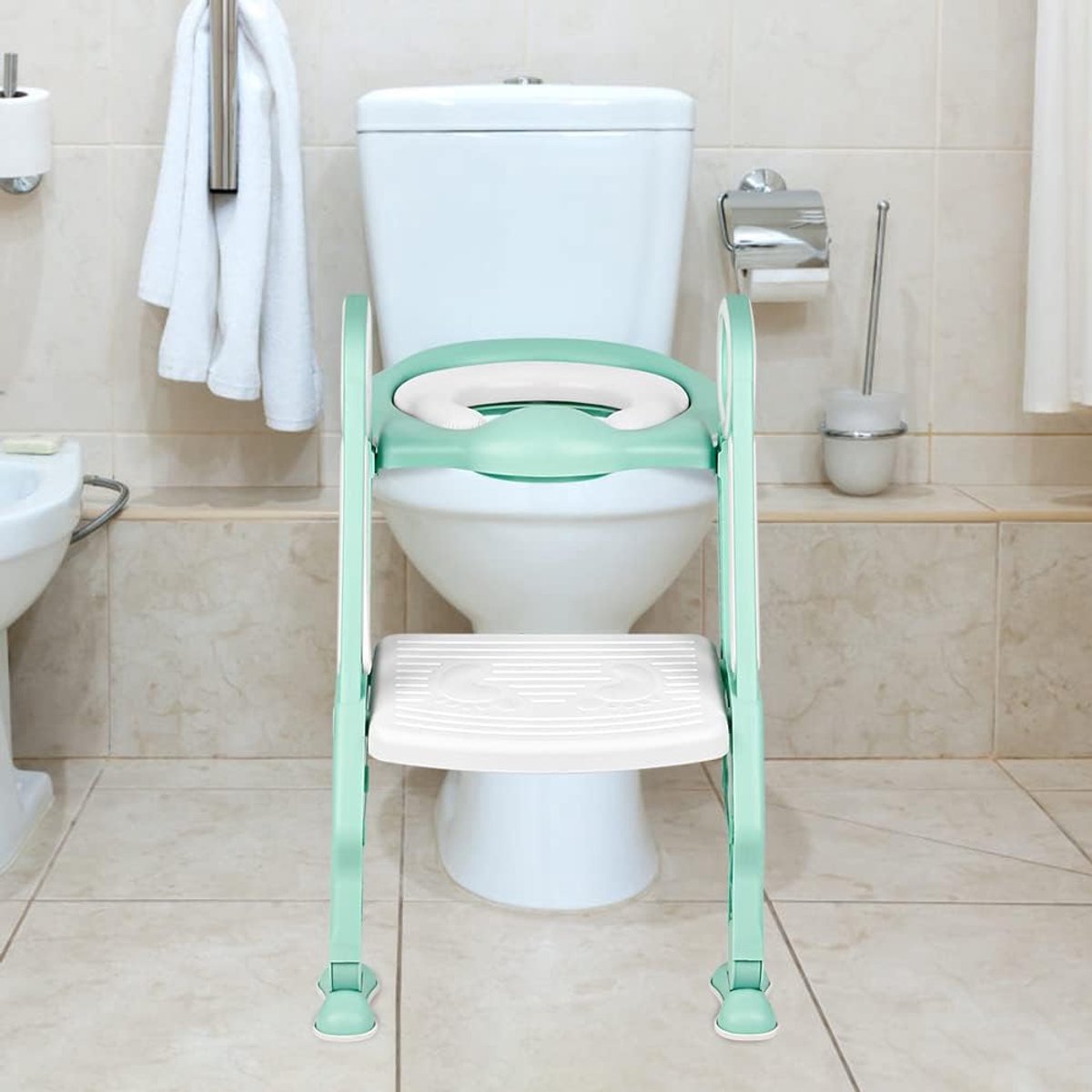 Kinder toiletbril - Potty trainer - Zelfstandig naar toilet - Inklapbaar met trapje - Verstelbaar - Wit lichtgroen