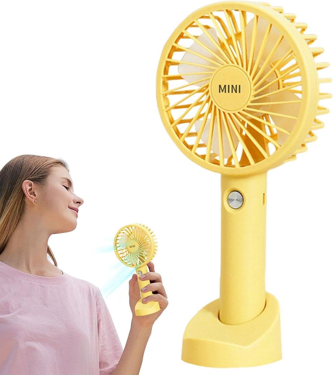 Draagbare handventilator - Persoonlijke ventilator - Koelte onderweg - Met handige voet - 9x11x45 cm - Geel