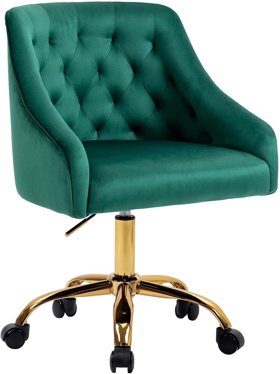 Computerstoel - Draaistoel Eetkamerstoel - Thuiswerken Comfortabel - Fluwelen Bekleding Goudkleurig - 80-88cm Hoogte - Groen