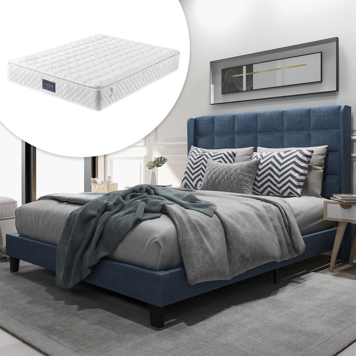 MEUNIQ gestoffeerd tweepersoonsbed 140x200 cm met hoog hoofdbord, lattenbodem en pocketveringmatras, bedframe voor slaapkamer, blauw