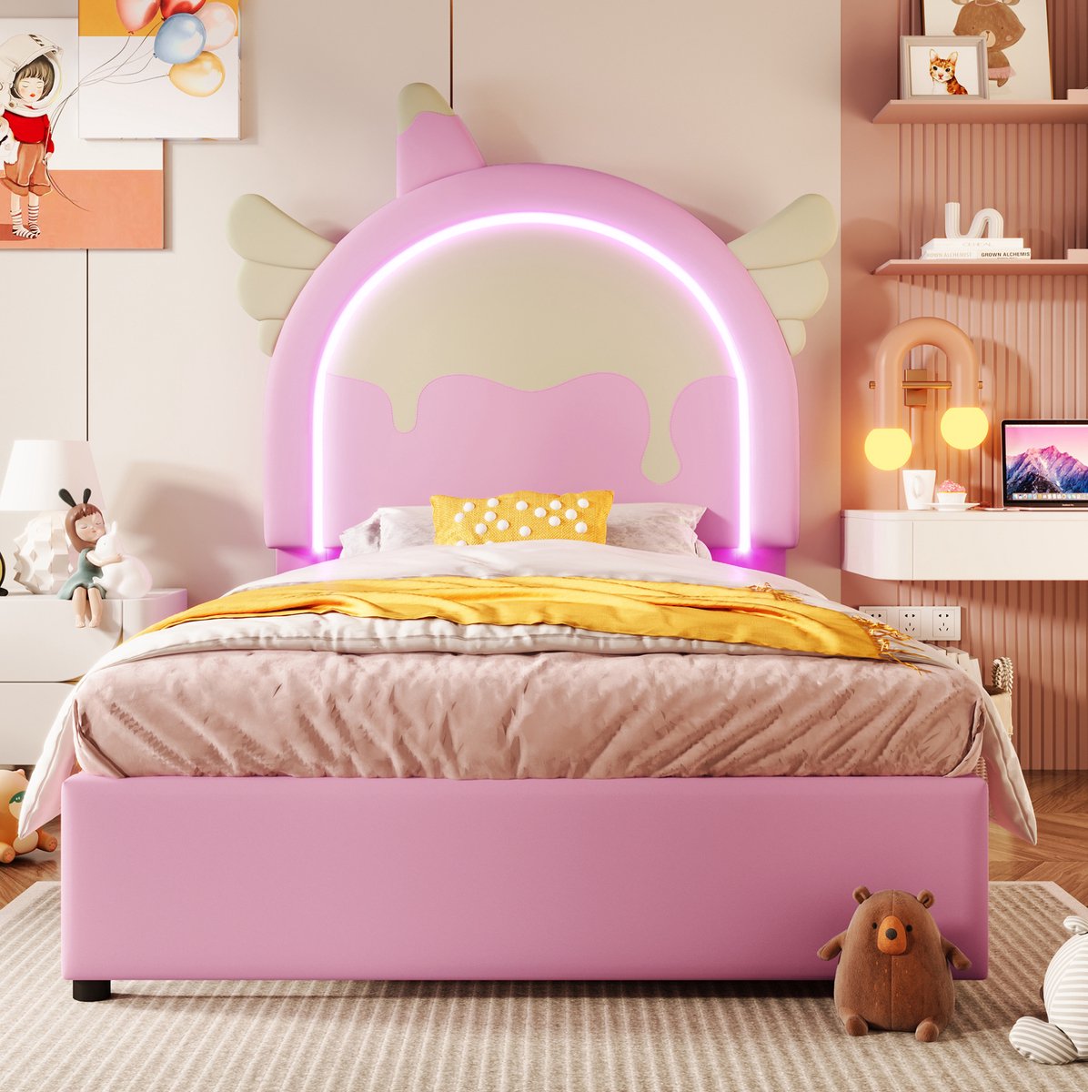 MEUNIQ gestoffeerd eenpersoonsbed 90 x 200 cm met eenhoornvorm, kleurrijke lichtstrip en 2 lades, kinderbed voor kinderkamer, roze, zonder matras