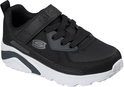 Zwarte sneaker met klittenbandsluiting, veters, witte zool en grijze details.