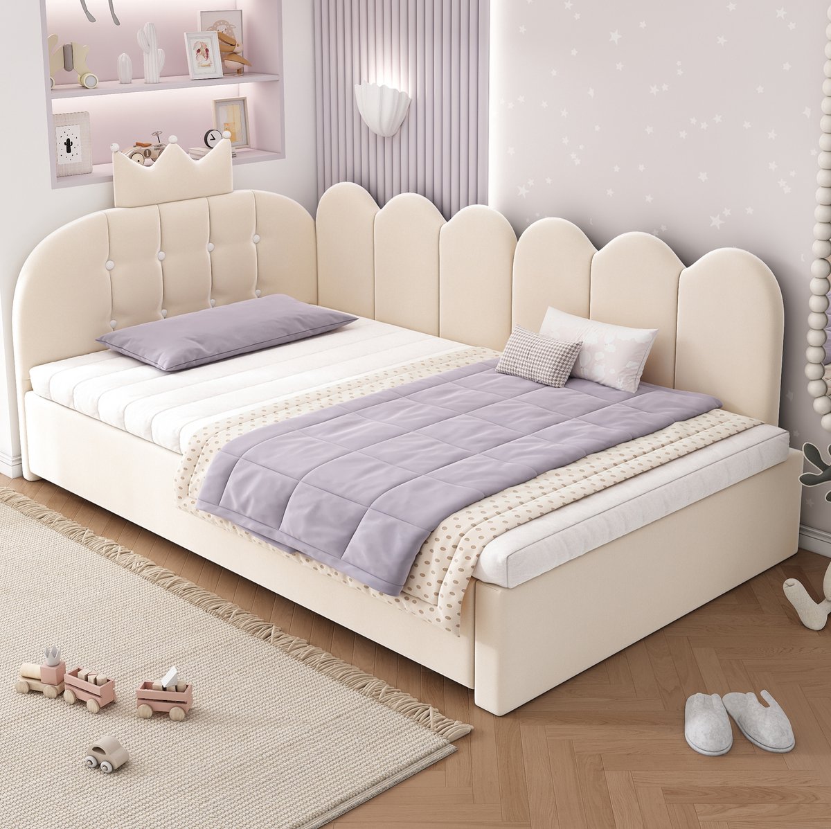 MEUNIQ bedbank 90x200 cm met uitschuifbed 90x190 cm, L-vormig dagbed met kroon- en spijldesign, gestoffeerd in beige fluweel, voor kinderkamer of logeerkamer