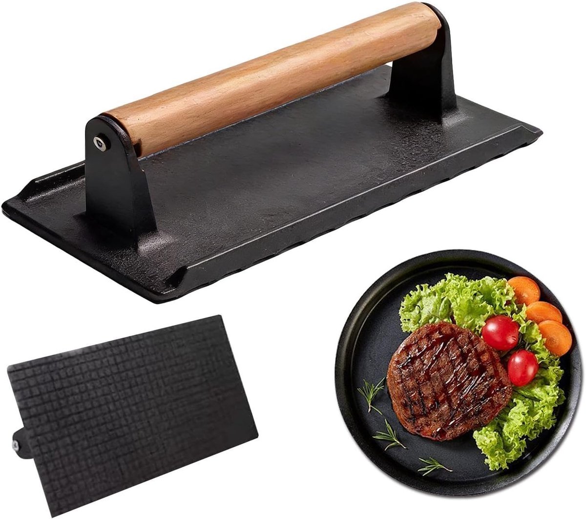 Vleespers Burgerpers Steakpers Gelijkmatig Grillen Geïsoleerd Houten Handvat 15 cm Zwart