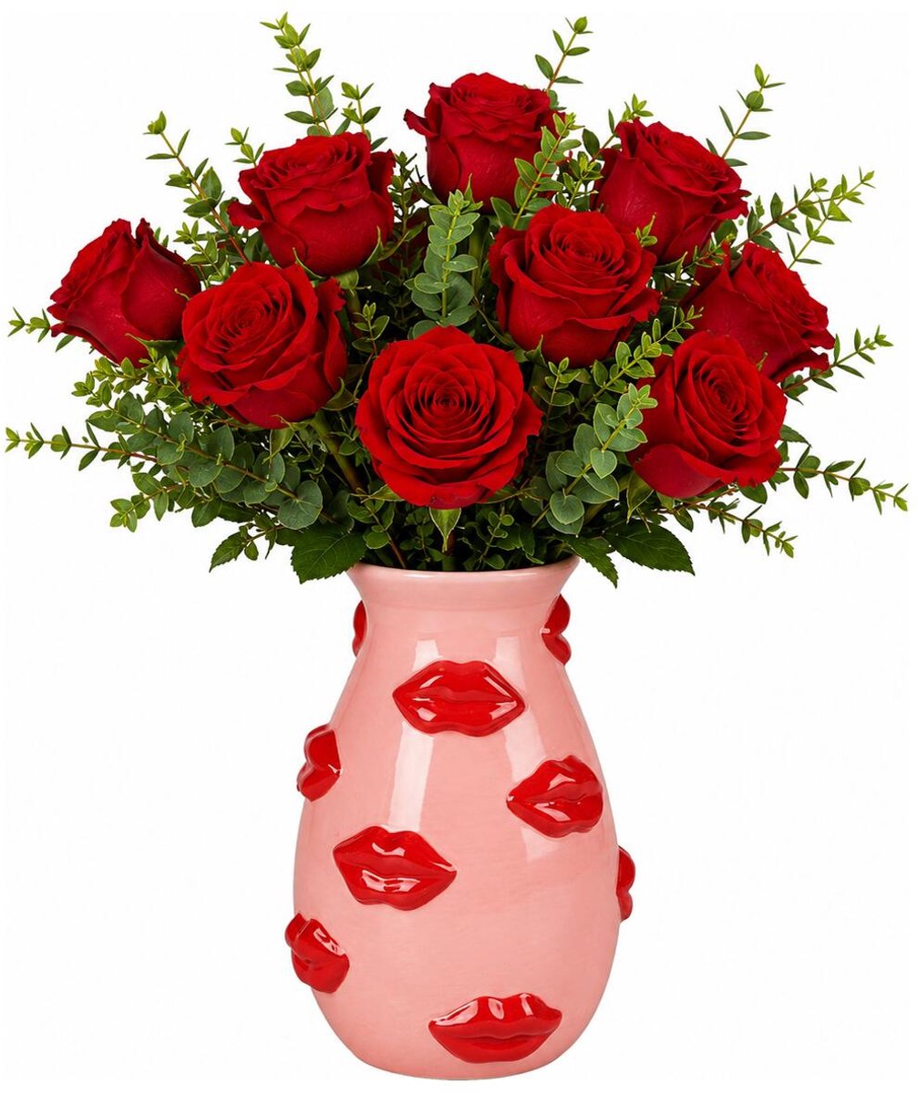Urban Living vaas Lips - D8 x H18 cm - Keramiek - roze / rood - lippen bloemenvaas