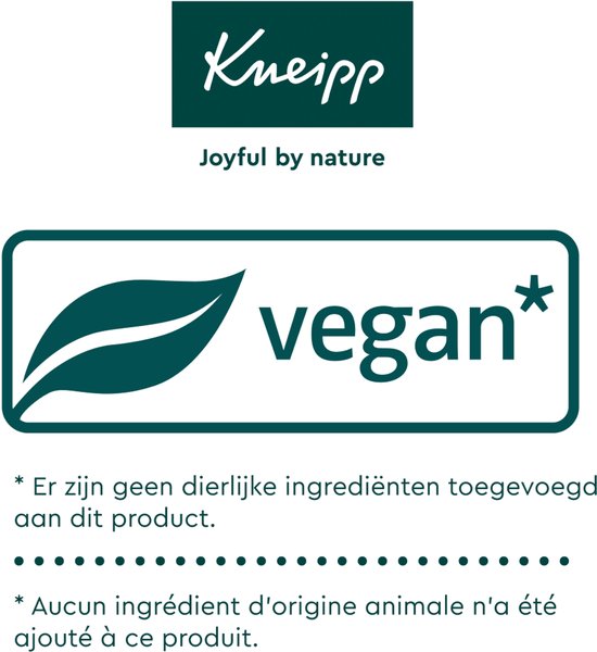Vegan logo met tekst "Er zijn geen dierlijke ingrediënten toegevoegd aan dit product." en "Aucun ingrédient d'origine animale n'a été ajouté à ce produit."