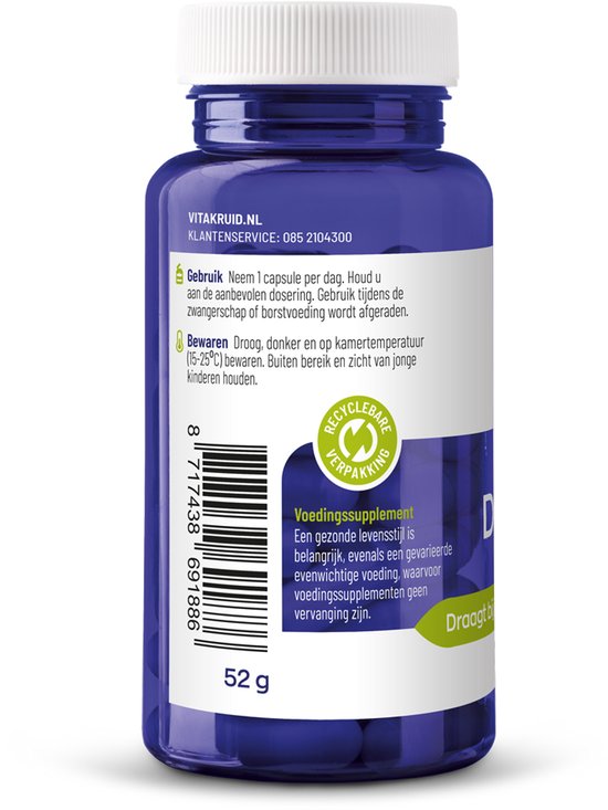 Blauwe kunststof pot met wit schroefdeksel en etiket. Gevuld met 60 vegan capsules. Bevat 52g.