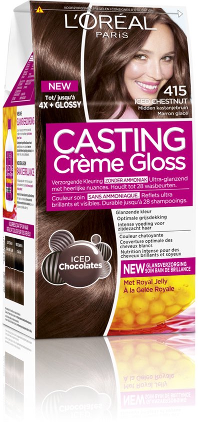 L'Oréal Paris Casting Crème Gloss 415 Iced Chestnut, een haarverf met model met glanzend kastanjebruin haar.