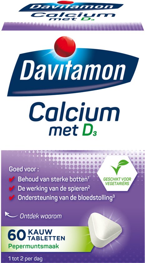 Doos met Davitamon Calcium met D3 kauwtabletten, 60 stuks, pepermunt smaak. Paars met witte letters.