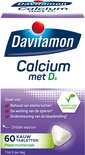 Doos met Davitamon Calcium met D3 kauwtabletten, 60 stuks, pepermunt smaak. Paars met witte letters.