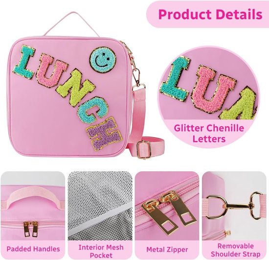 VHV - Lunchbag - Geïsoleerde lunchtas met verstelbare schouderriem - Smiley koeltas voor school en picknick - Roze van Vhv — afbeelding 3