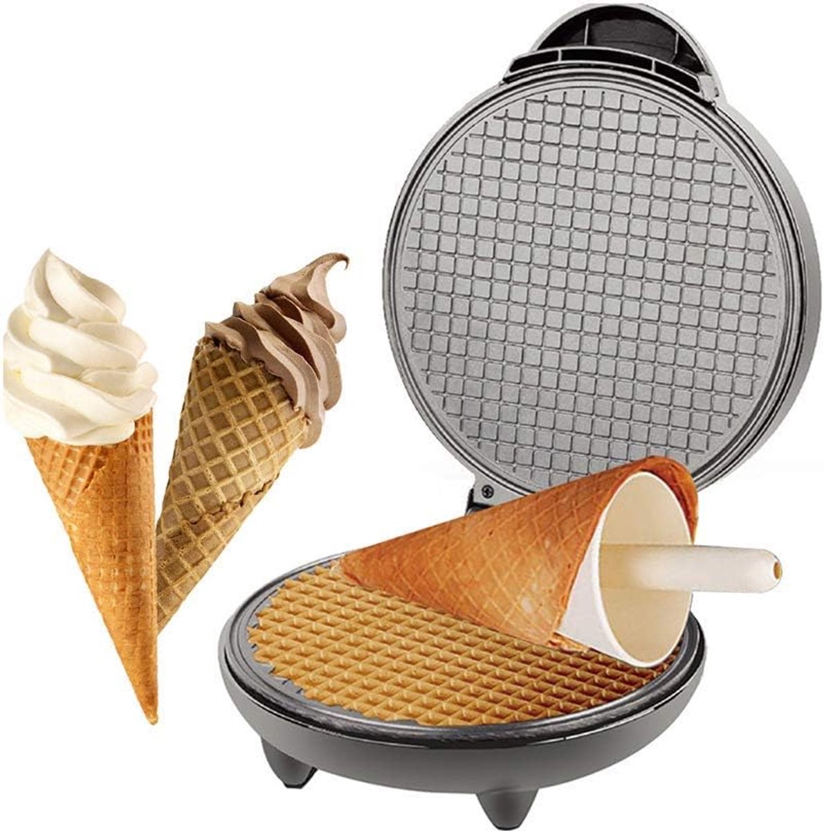 Wafelmaker IJskegels - Eierrol Pannenkoek - Snelle Snacks Maken - Dubbelzijdig Verwarmen - 1200 Watt - Grijs