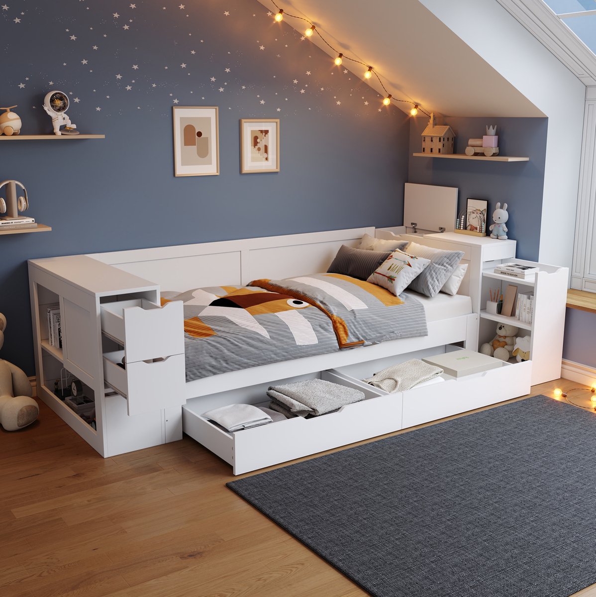 MEUNIQ Kinderbed daybed 90 x 200 cm met lattenbodem, bedlade, opbergruimte en nachtkastje, eenpersoonsbed voor kinderkamer, wit