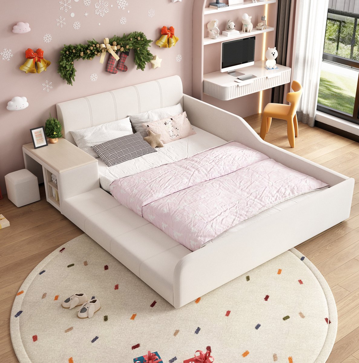 MEUNIQ Polsterbed 140x200 cm met kinderschrijftafel, hocker en legplank, zacht hoofdeinde, voor kinderkamer, wit