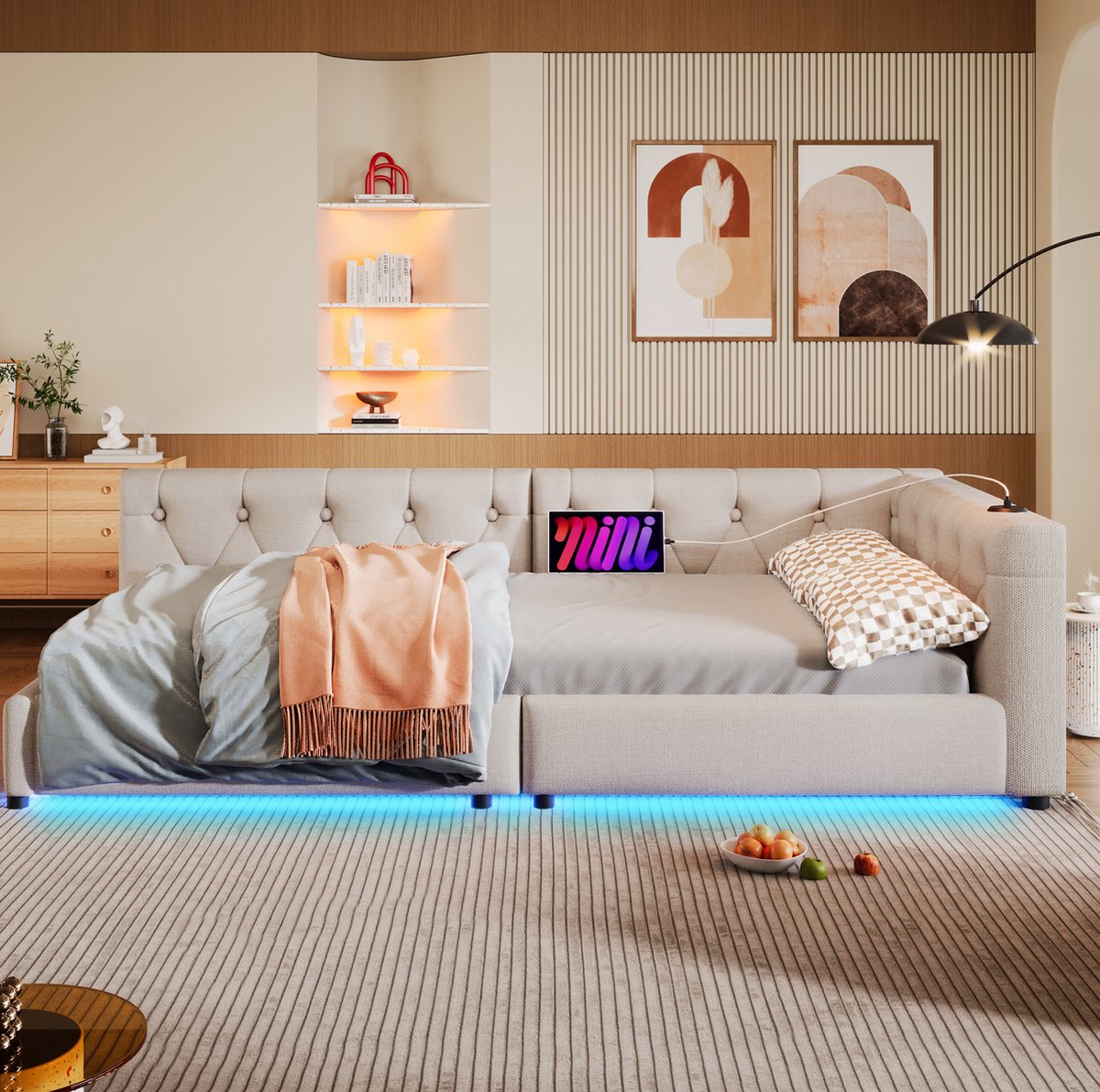 MEUNIQ slaapbank 90x200 cm met lattenbodem, USB en Type-C, 7-kleuren LED-verlichting en geknoopt hoofdbord, eenpersoonsbed voor slaapkamer of logeerkamer, beige
