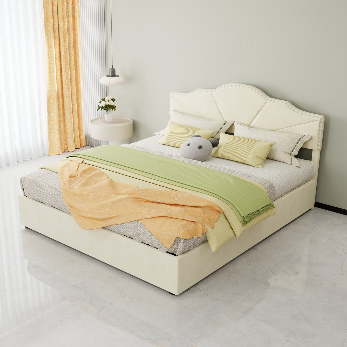 MEUNIQ tweepersoons bed 160x200 cm met gestoffeerd hoofdbord, lattenbodem en geometrisch design voor slaapkamer, beige bedframe zonder matras