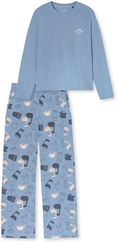 Compleet blauw pyjamapak met lange mouwen en een all-over print van koffiebekers. "le croissant"