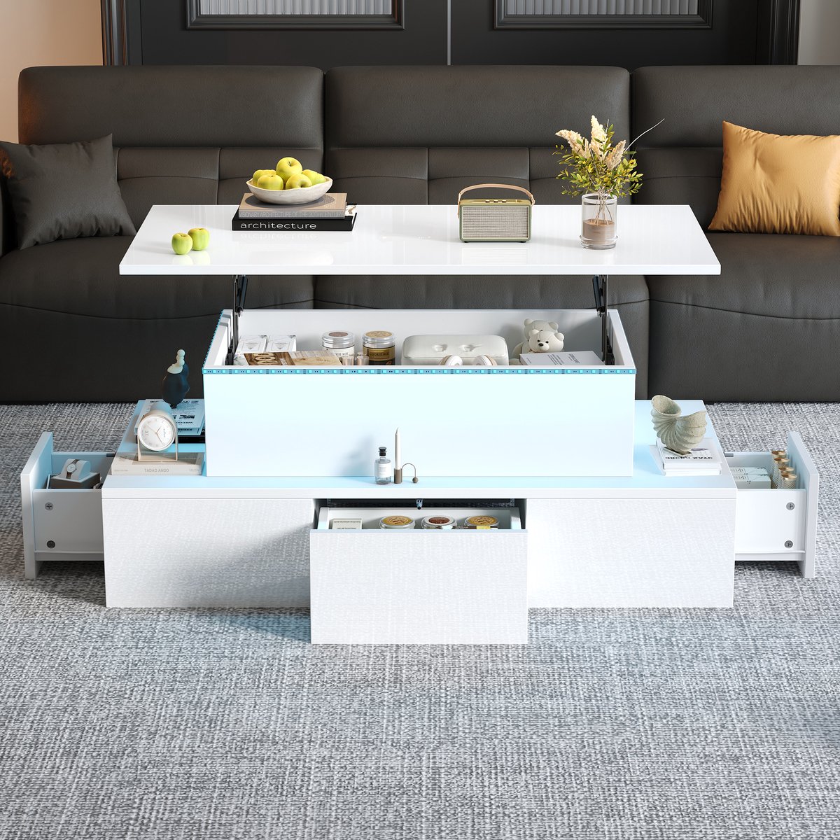 COVREO Salontafel 100x50x40 cm – wit hoogglans MDF, liftfunctie, 4 lades en LED-verlichting