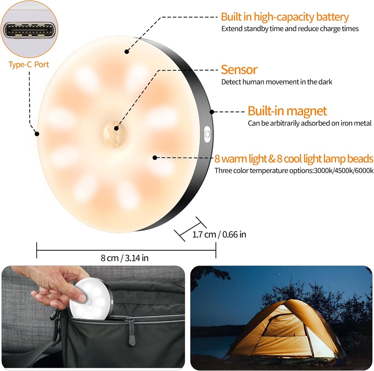Driedelige set - Draadloze Ledlamp - Nachtlampje - Nachtlampje met sensor - Trapverlichting met sensor - LED-lamp - Batterijgevoede wandlamp met sensor - USB-oplaadbare lamp - Magnetische lamp - Lamp met sensor — cadeau in Wonen & Interieur - foto 6
