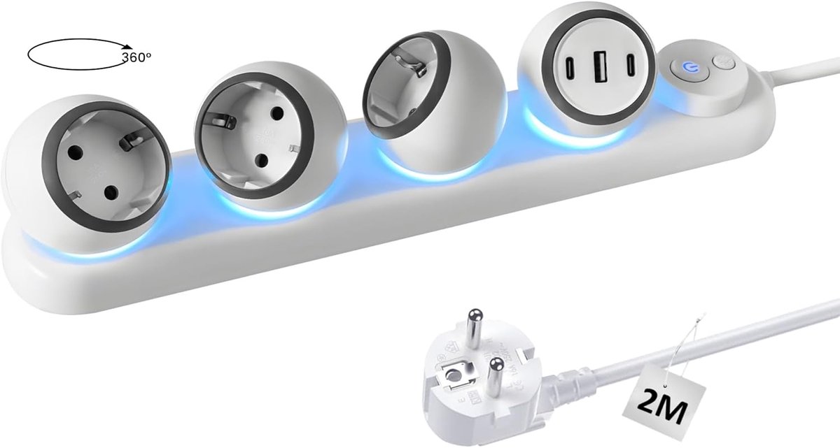 SnelShoppen - 360° Rotating Power Strip met 3-Way Socket, 2 USB-C Poorten, LED Nachtlampje, Muurbeugel en 2m Verlengsnoer voor Thuis, Keuken en Campin