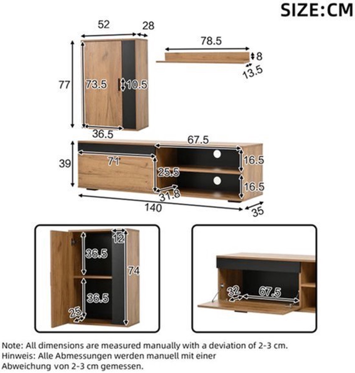 TV Meubel – TV Kast – TV Meubelset – Media Meubel – Woonkamermeubel – MDF Met Eikenlook –