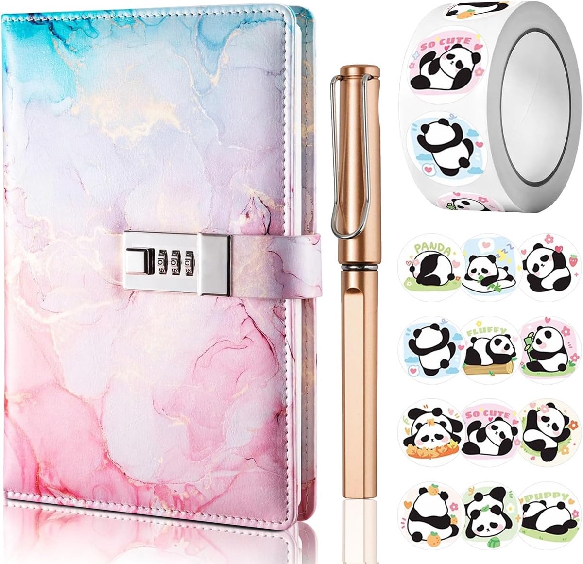 SnelShoppen - Dagboek met Slot voor Meisjes, A5 Notitieboek met Code, PU Leren Notitieboek met Pen en Grappige Stickerset, 22 x 15 cm voor Verjaardag,