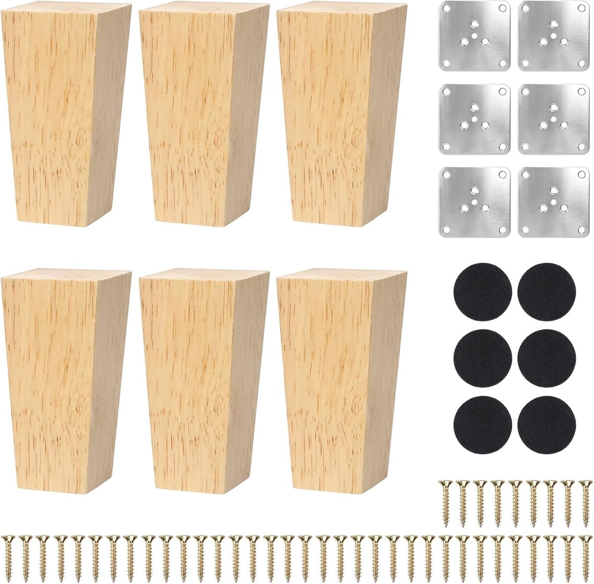 SnelShoppen - 6 stuks 10 cm houten tafelpoten, massief rubberhout, vierkante meubelpoten voor bed, stoel, tafel en bank, met montageplaten en schroeve
