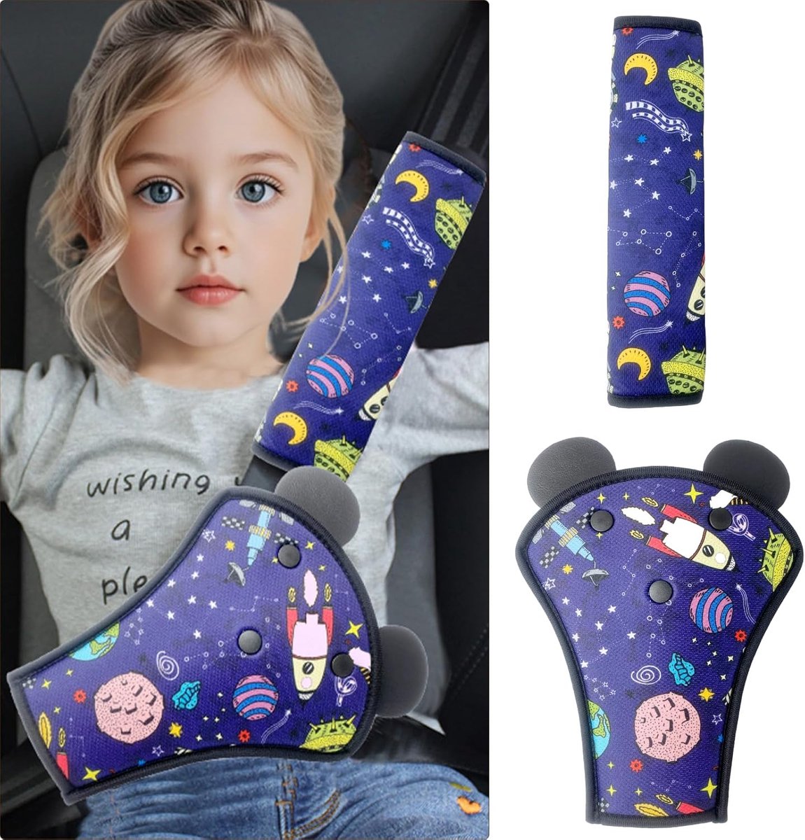 SnelShoppen - Verstelbare Autogordel Padding voor Kinderen, Comfortabele Schouderpad en Taille Bescherming, Ruimte Blauw, Ideaal voor Reizen met Kinde