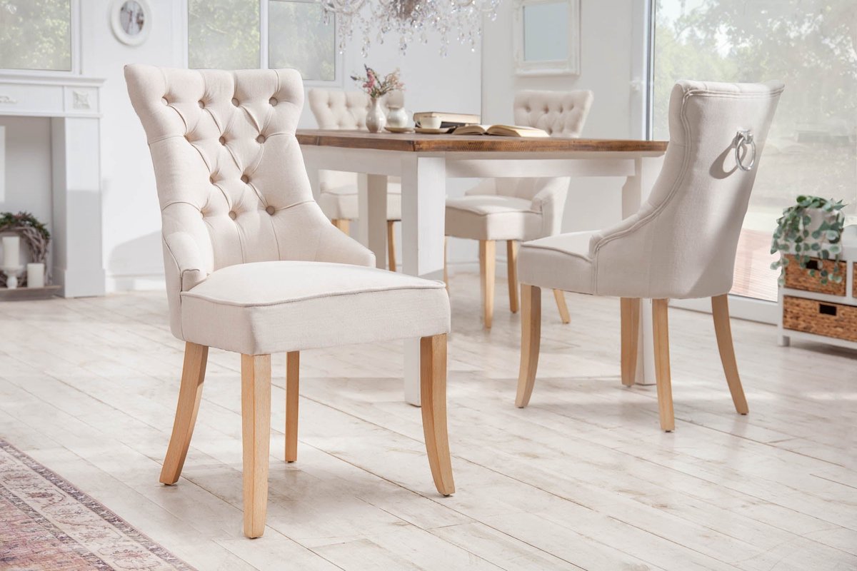 Invicta Interior Elegante stoel CASTLE beige linnen stof landelijke stijl met comfort handvat - 40467 Zie omschrijving