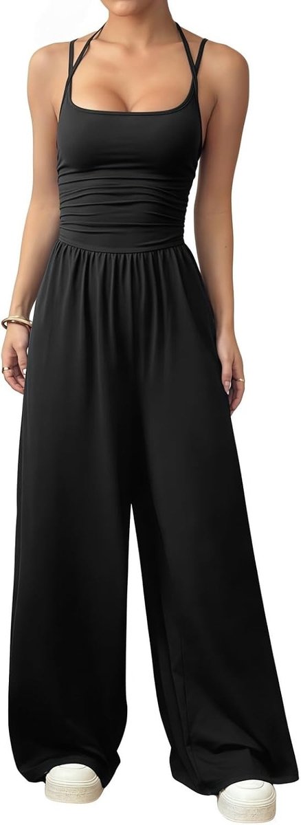 Zwarte strapless vrijetijdsjumpsuit voor dames, eendelig met spaghettibandjes, elastische stof en brede pijpen voor een zomerse look