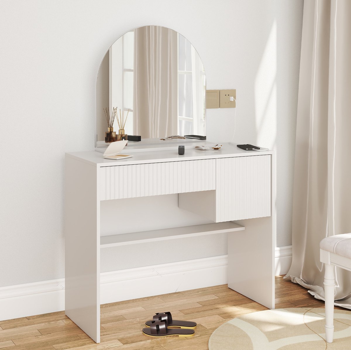 COVREO Kaptafel 90x40x135 cm – wit MDF, met spiegel, 2 lades en open opbergruimte
