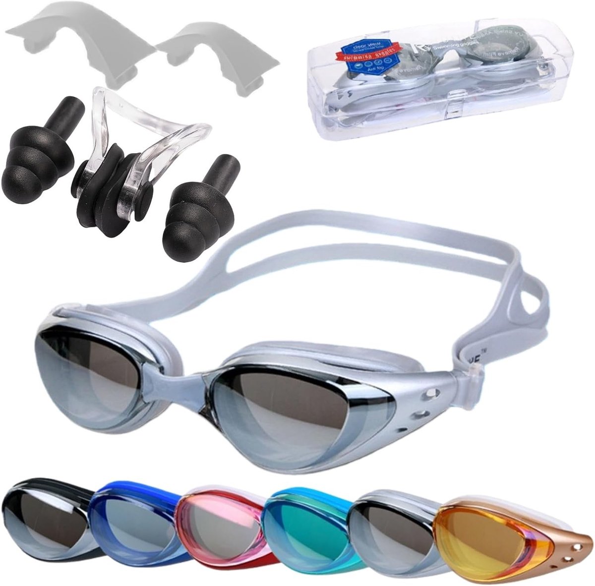 Zwemgoggles voor myopie met diopter -0 tot -9.0, vervangbare neusbrug, anti-fog en UV-bescherming voor optimaal zicht
