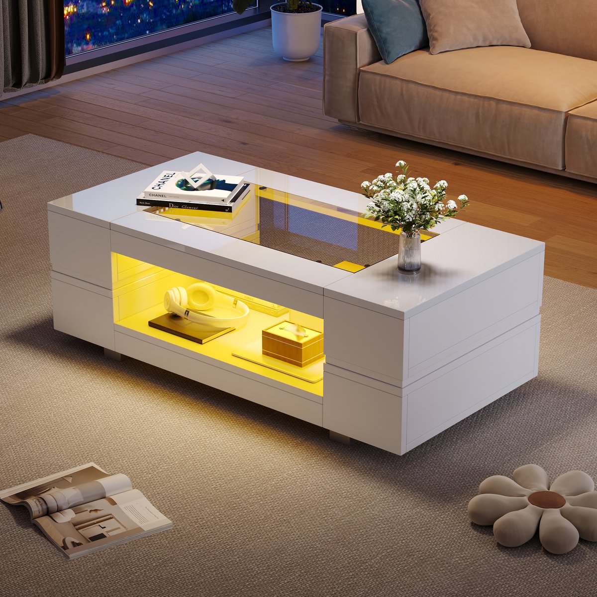 COVREO Salontafel 100 x 50 x 35 cm - wit, glas en spaanplaat, met LED en open opbergruimte