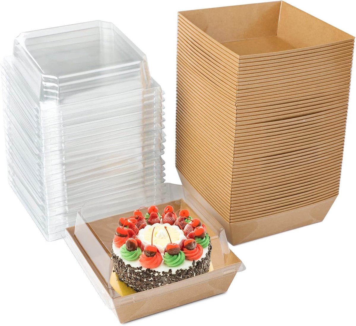 SnelShoppen - Cake Boxes 50 Stuks - Pastry Box, Cupcake Box, Takeaway Dozen voor Taarten, Cookies, Sandwiches - Bruin met Transparante Deksel - Perfec