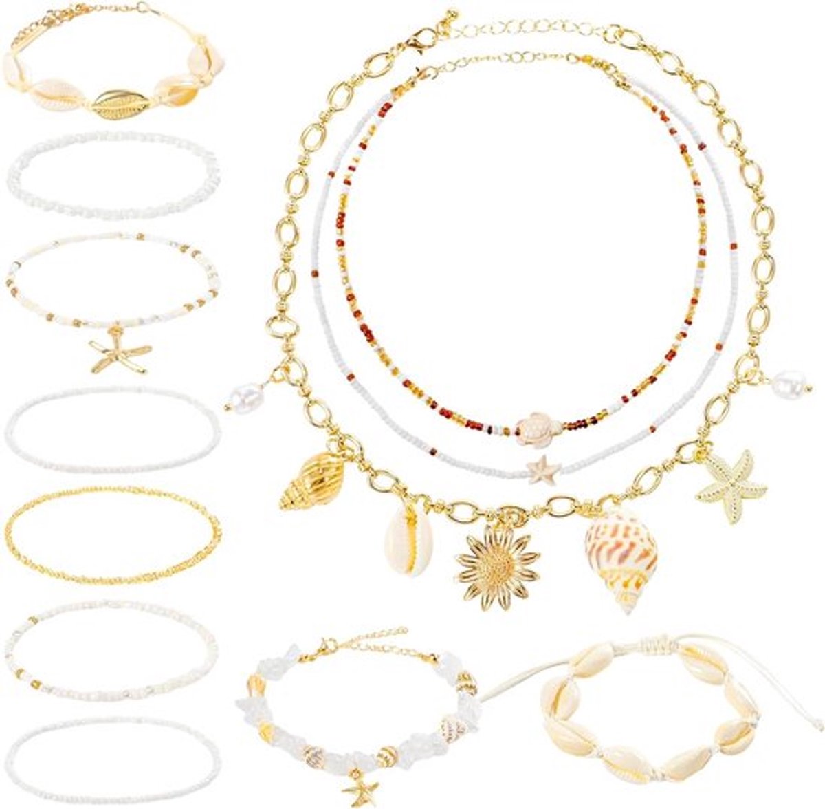 Schelpkettingen, armbandenset, boho-schelpen en parel enkelbandjes, kauri schelpen, zeemeermin sieraden.