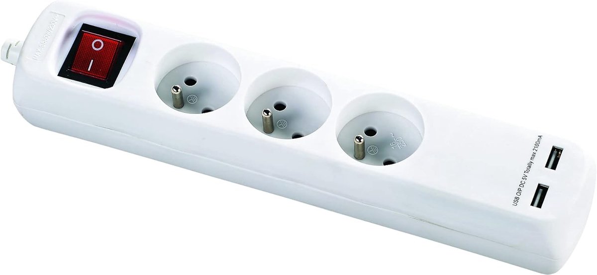 SnelShoppen - Stekkerdoos met Schakelaar 3 Sockets + 2x USB Oplader, 3680W, 1.4m Kabel, Perfect voor Thuis, Kantoor, Camping en Meer