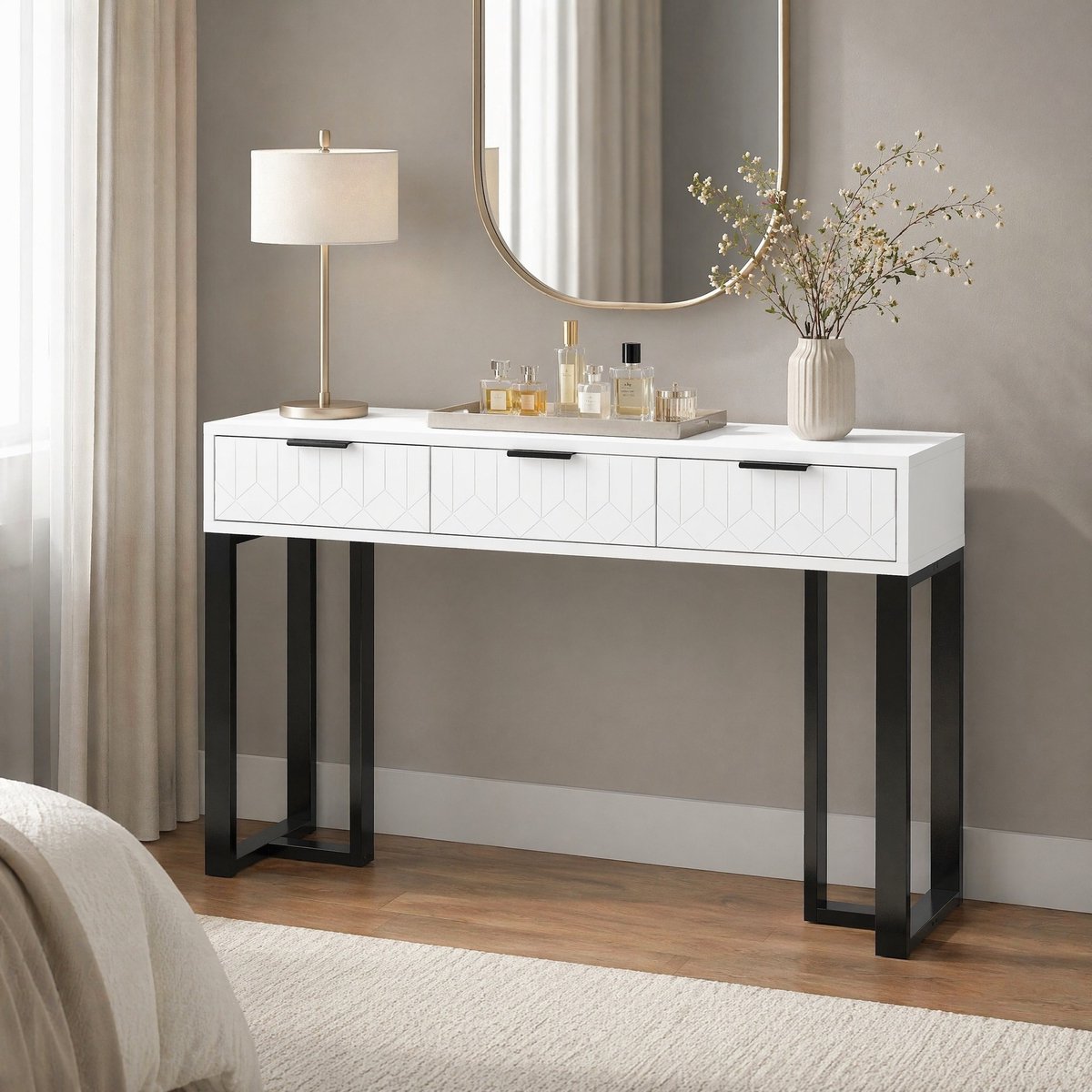 COVREO Sidetable 120x36x80 cm – wit en zwart, MDF, 3 lades