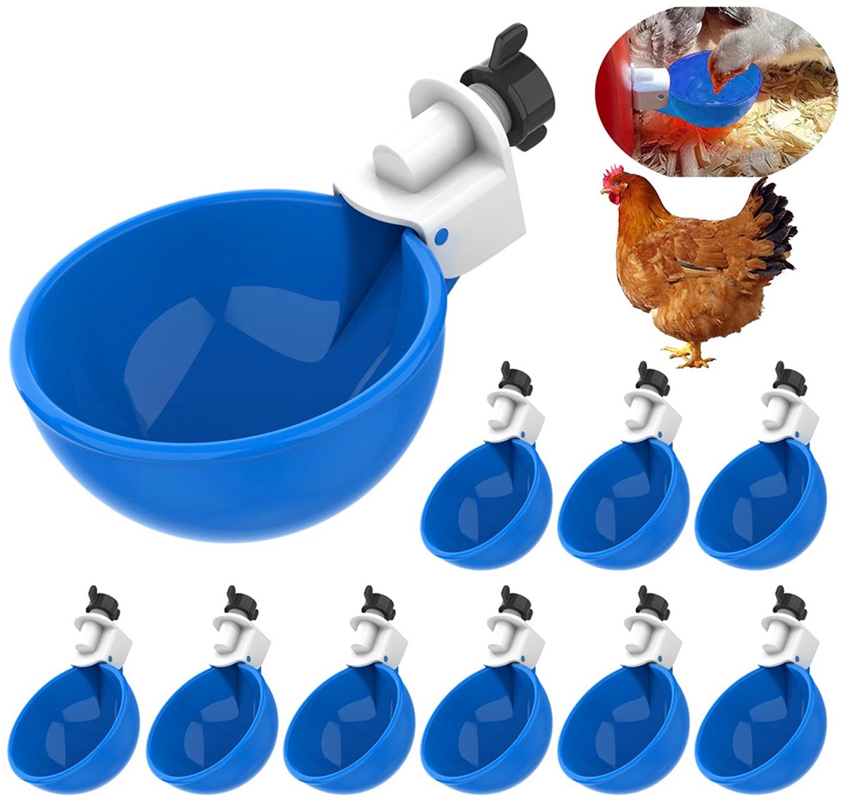 Kippenwaterdispenser - Automatische waterdispenser - Verpakking van 10 stuks - Geschikt voor kippen/gevogelte - Drinkbak voor gevogelte - Diameter 7,5 cm - Blauw