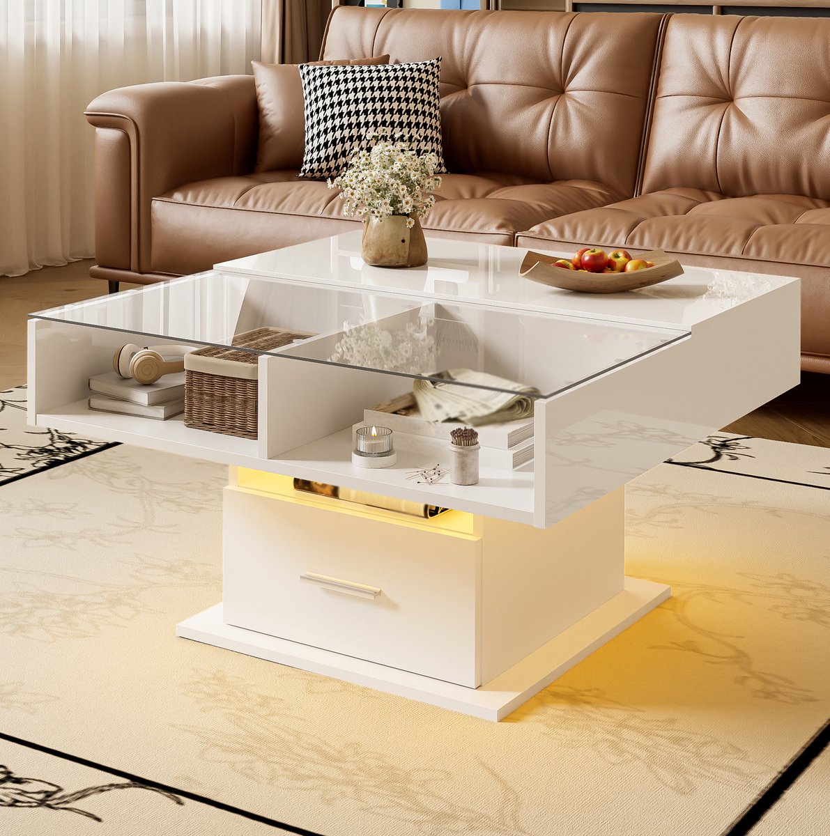 COVREO Salontafel 78 x 78 cm - hoogglans wit, LED-verlichting, hoogte verstelbaar