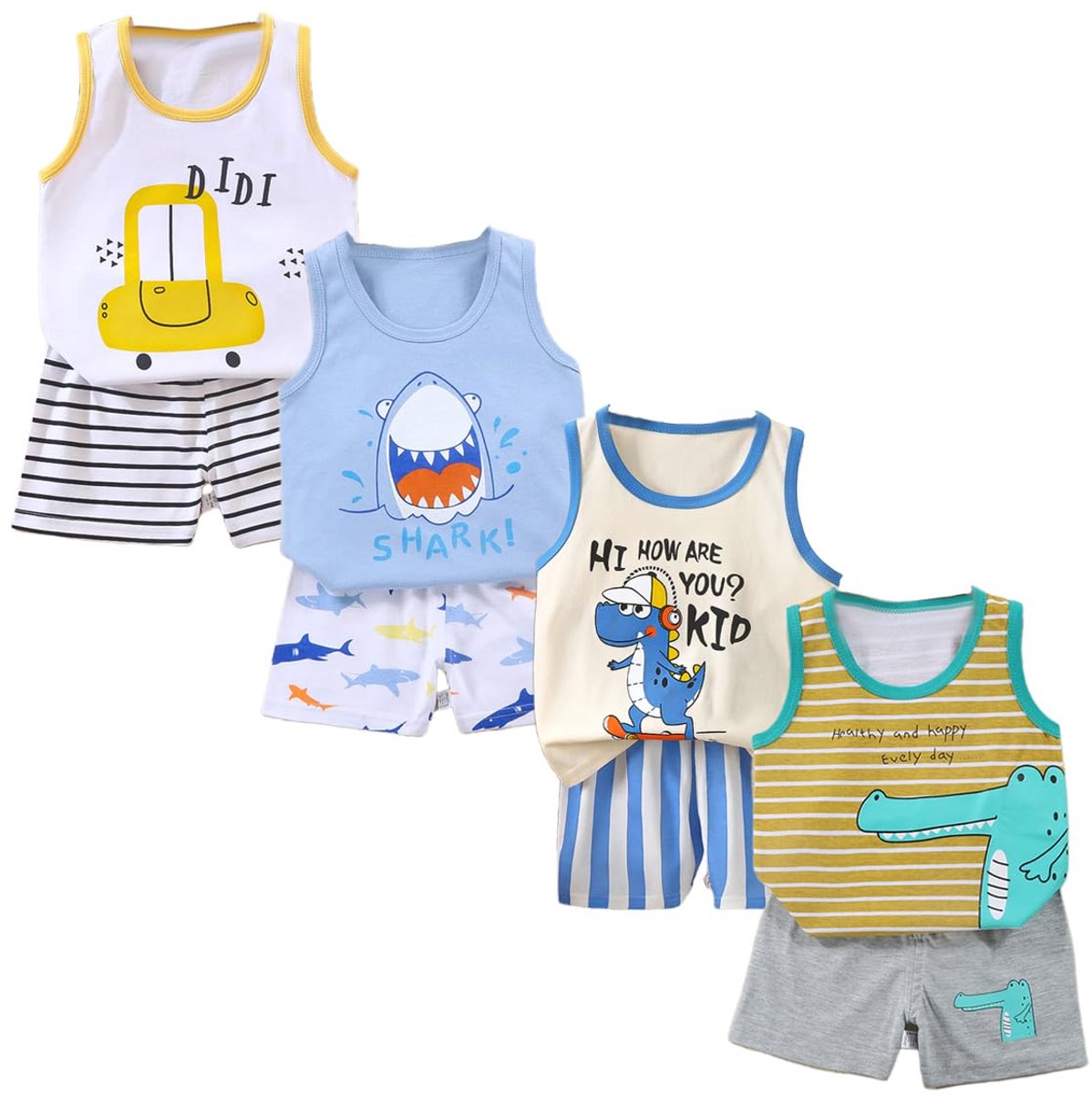 SnelShoppen - Set van 8 mouwloze tanktops en shorts voor baby's, jongens en meisjes, katoen, cartoon-print, zomeroutfit, 3 maanden tot 7 jaar, kleurri