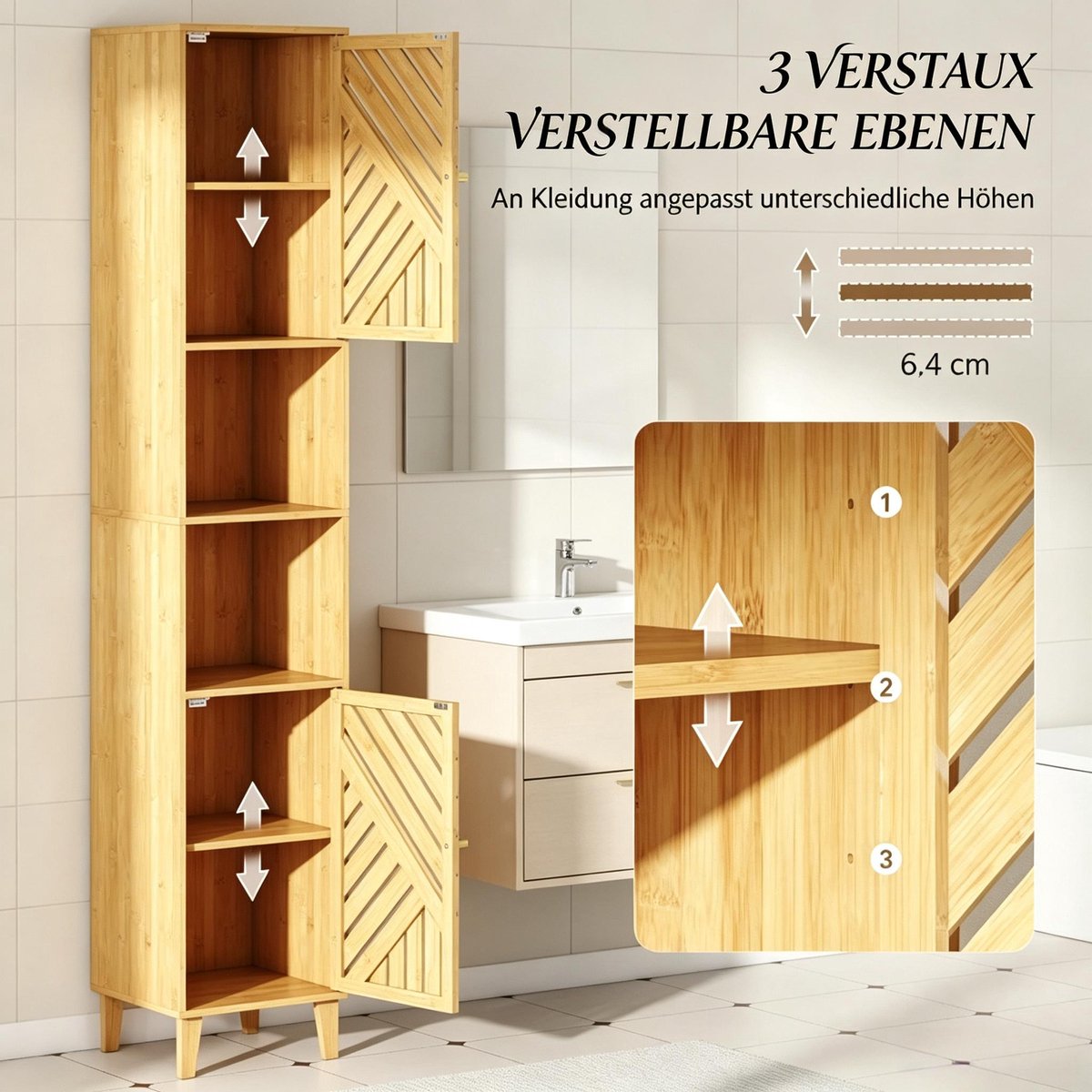 OKWISH Kast - Hoge Hoekkast Met Open Vakken En Verstelbare Planken - Badkamer En Smalle Ruimtes - Bamboe En Spaanplaat Naturel - 32x30x170 cm