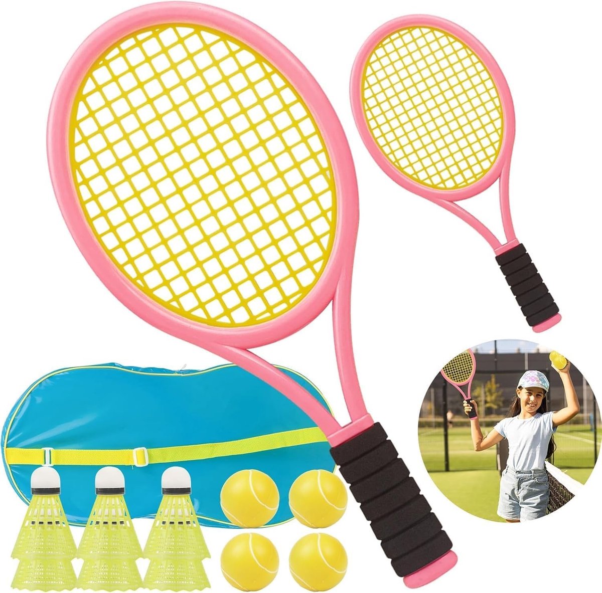 Tennisracket Set voor Kinderen met Tas, Lichtgewicht Racket Inclusief Foam Bal en Badminton voor Buiten en Binnen Spelletjes, Geschikt voor Kinderen van 3 Jaar en Ouder