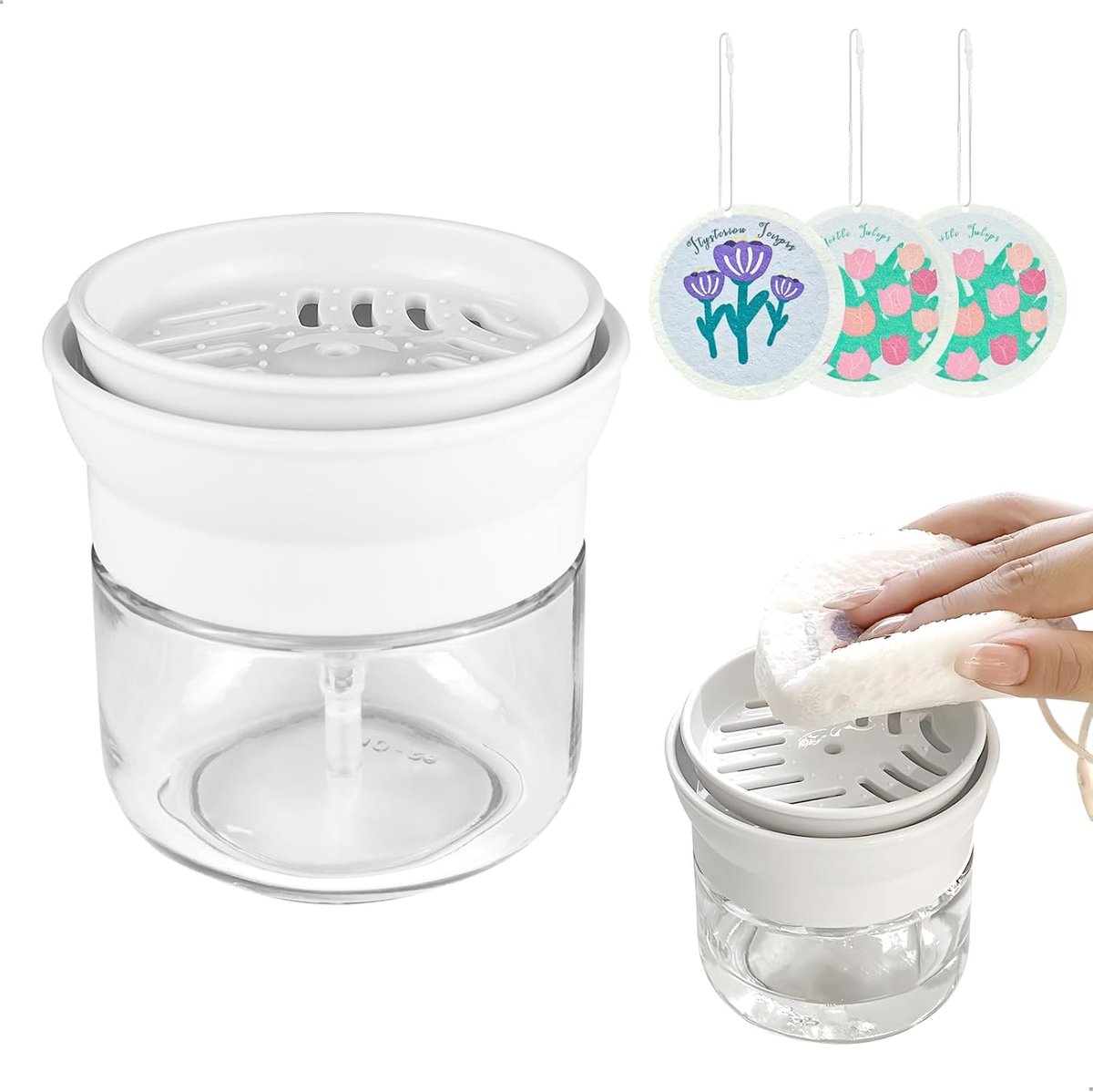 SnelShoppen - Soap Dispenser Keuken met Spons Houder, 2-in-1 Afwasmiddel Dispenser met 3 Sponsen, 280 ml, Ruimtebesparend en Organiserend voor Badkame