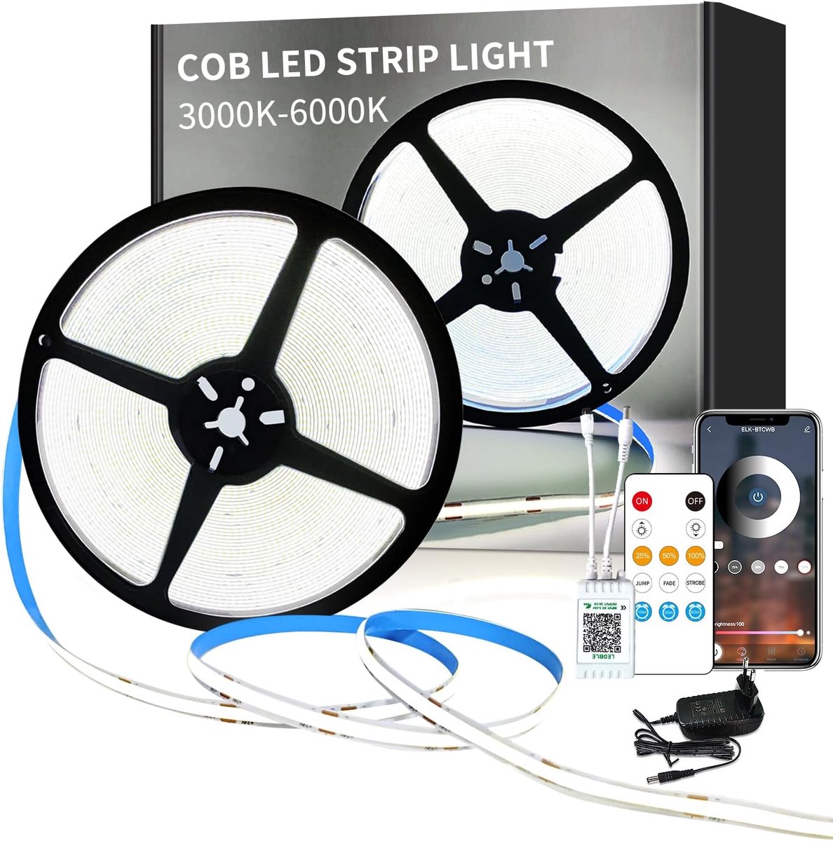 SnelShoppen - COB LED Strip 15 m - App Besturing & Afstandsbediening - Flexibel Dimbaar - DC24V - 6000K Wit - Ideaal voor Slaapkamer, DIY Decoratie, F