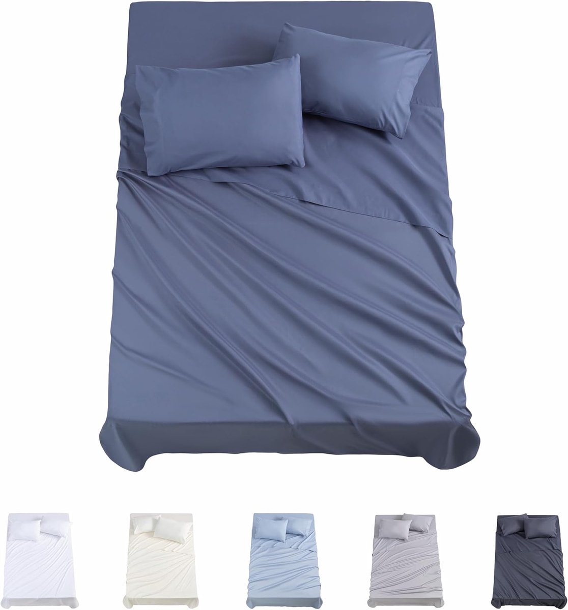 SnelShoppen - 4-delig Beddengoed Set 3001 - Fitted Sheet, Bedsprei, 2 Kussenslopen 50x80cm - Premium Microvezel - Blauw Grijs - Voor Bed 150x190/200cm
